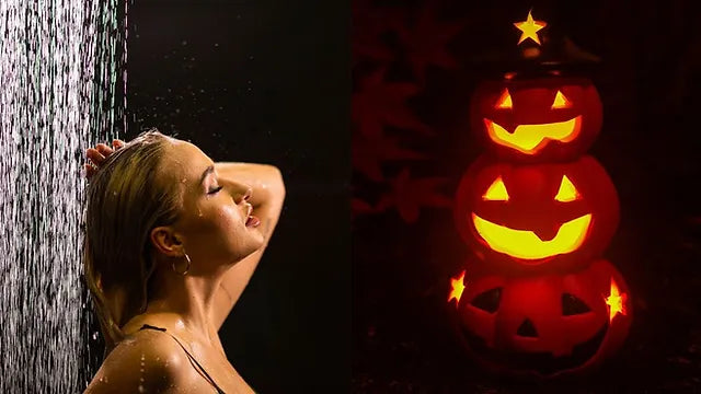 Brusebadsinspiration med Halloween-tema og uhyggeligt badeværelsestilbehør