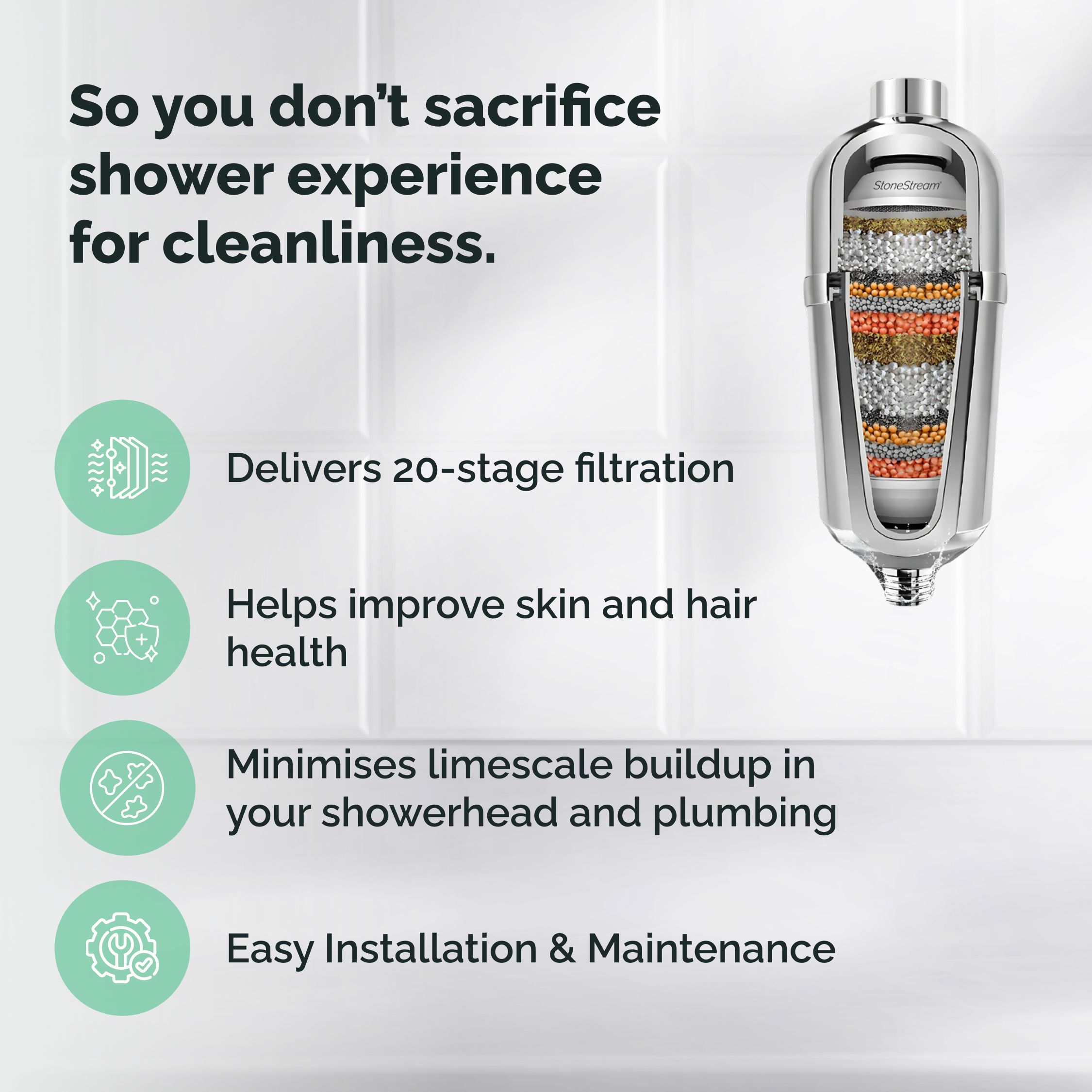 Avanceret brusefilter til hårdt vand