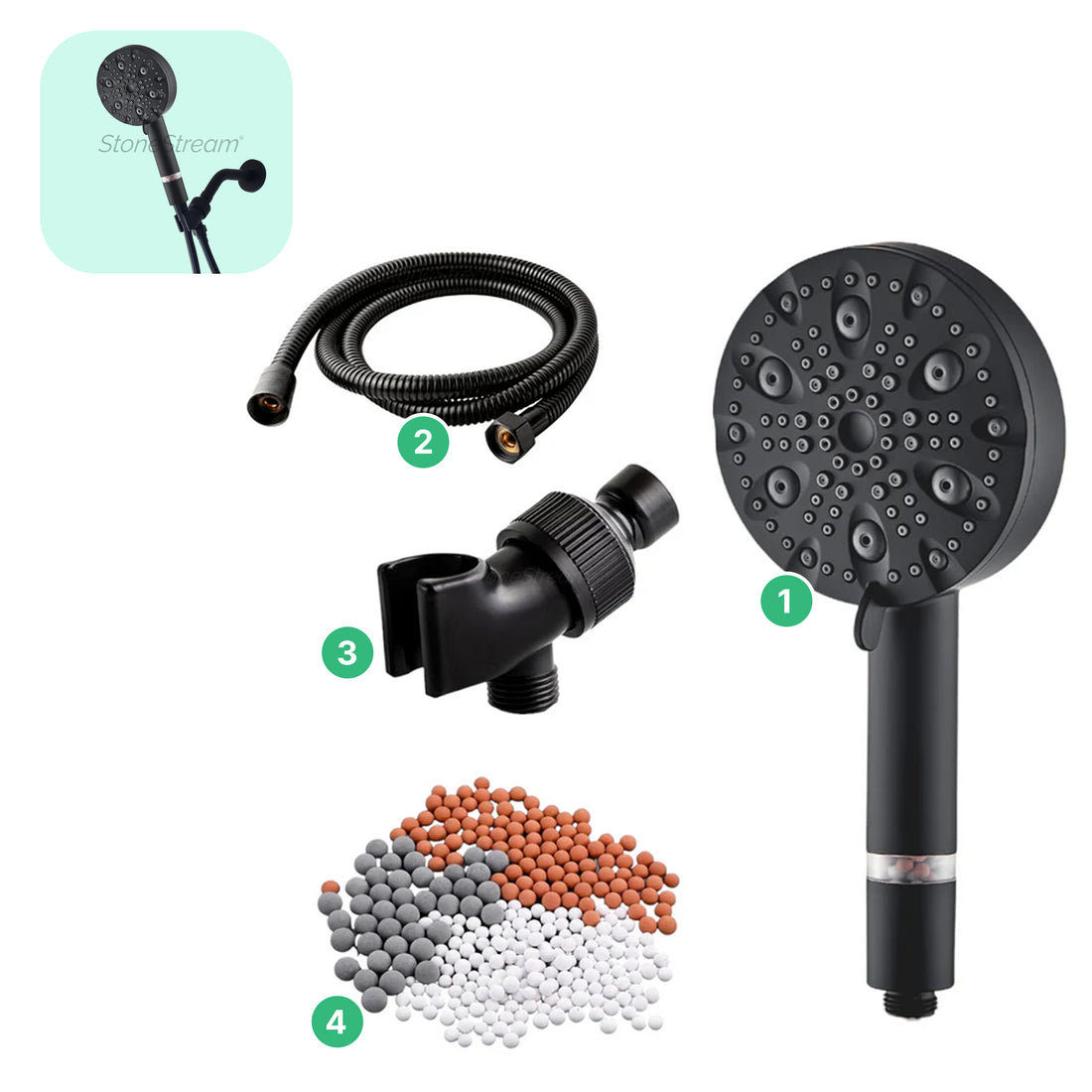ECOLUX 9-Mode sort rustfrit stål bruserhoved + vægadapterkit